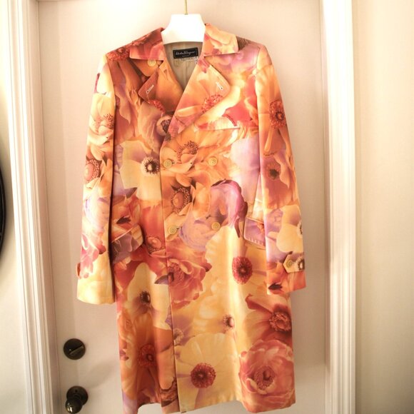 SALVATORE FERRAGAMO Trench Coat Belted Jacket Cotton Graphic Floral Print US 10 - Picture 10 of 14